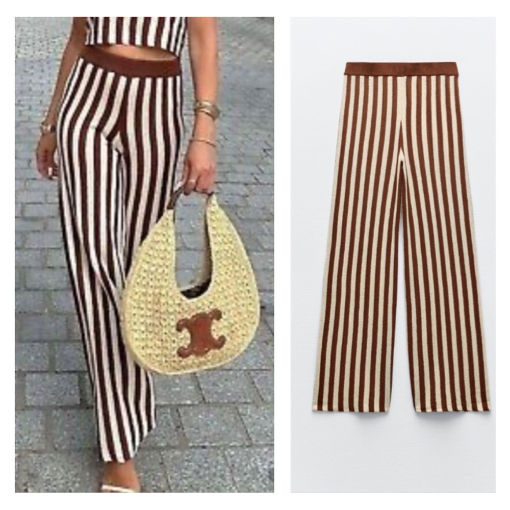 NWT Zara brown ecru striped cutwork trouser